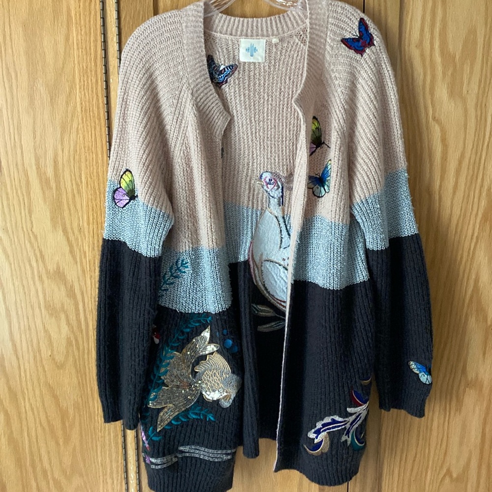 Anthropologie Beige and Black Embroidered Cardigan
